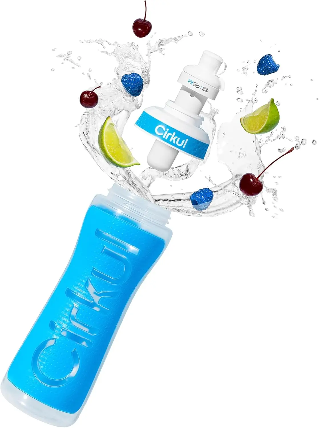 Botella de agua exprimible con agarre azul de 22 oz, sin BPA, tapa deportiva antideslizante con cartucho de sabor (FitSip Mixed Berry)