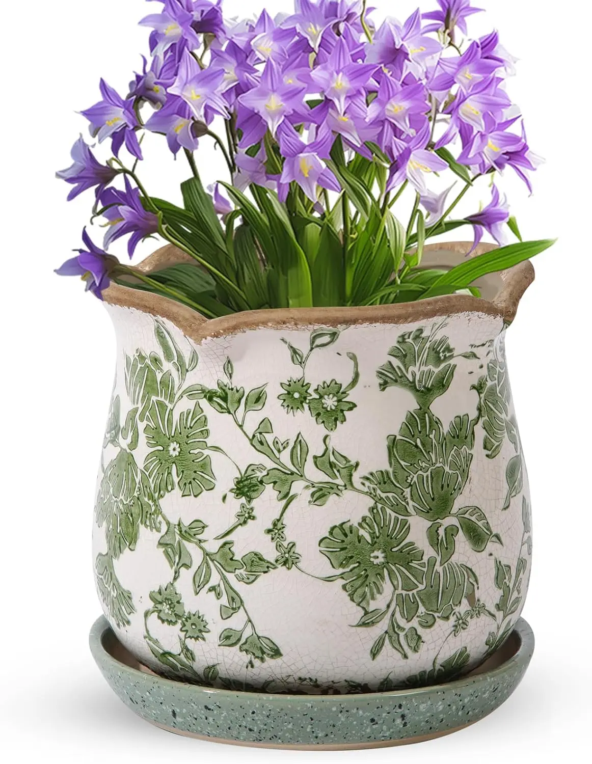 

Vintage Ice Crack Glaze Ceramic Planters with Saucer, 6 Inch Drainage Holes for Indoor Outdoor Plants