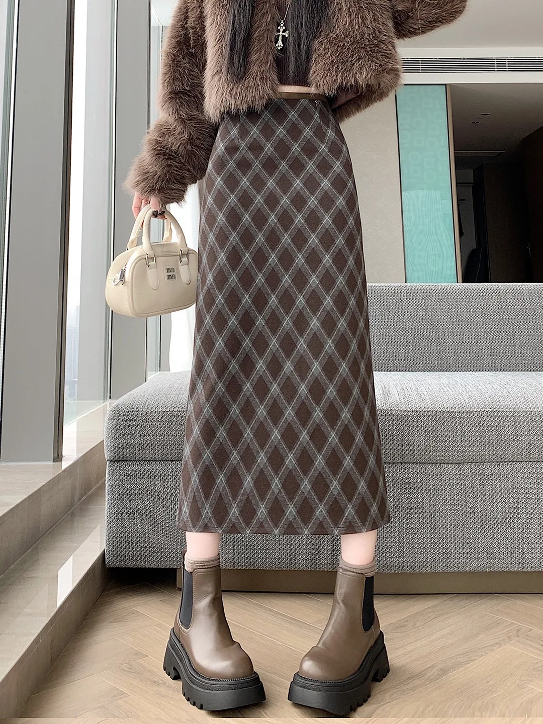 

Ретро-юбка миди в клетку А-силуэта, женская зимняя новинка, прямая юбка-карандаш с запахом, повседневная юбка миди