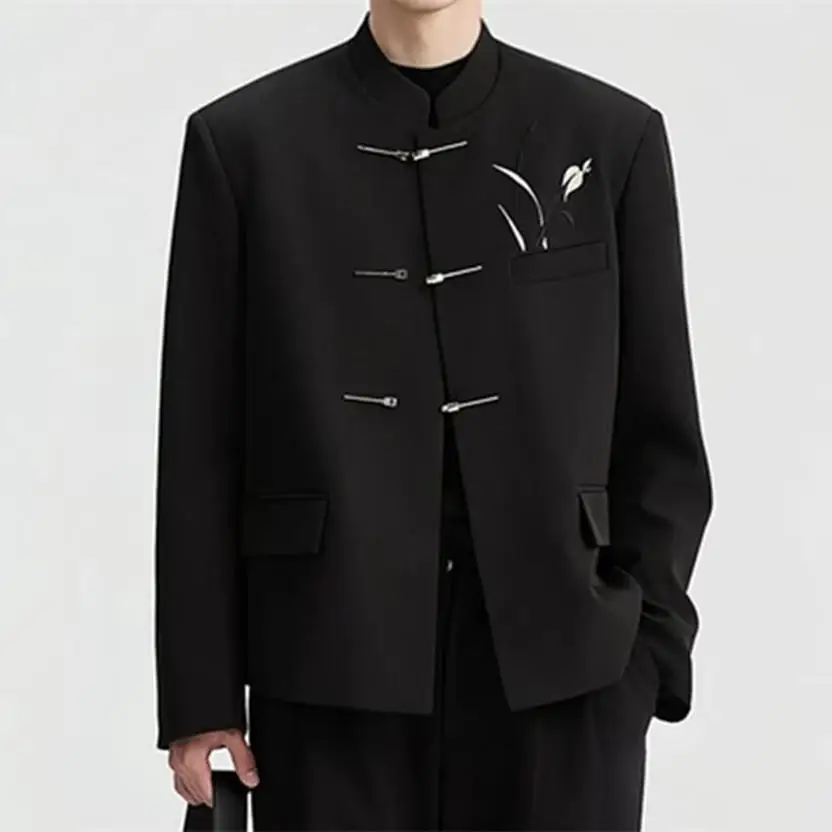 

Новый китайский мужской костюм: черный жилет с высоким воротником на пуговицах, осенний, модный, с традиционным дизайном запонок, для официальных мероприятий