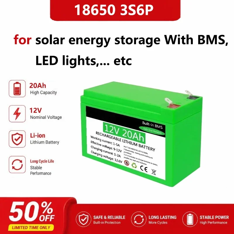 [New] 12V 18650 3S6P 20Ah Lithium Rechargeable Battery Pack for Solar Energy Storage with BMS + Charger LED Lights etc
