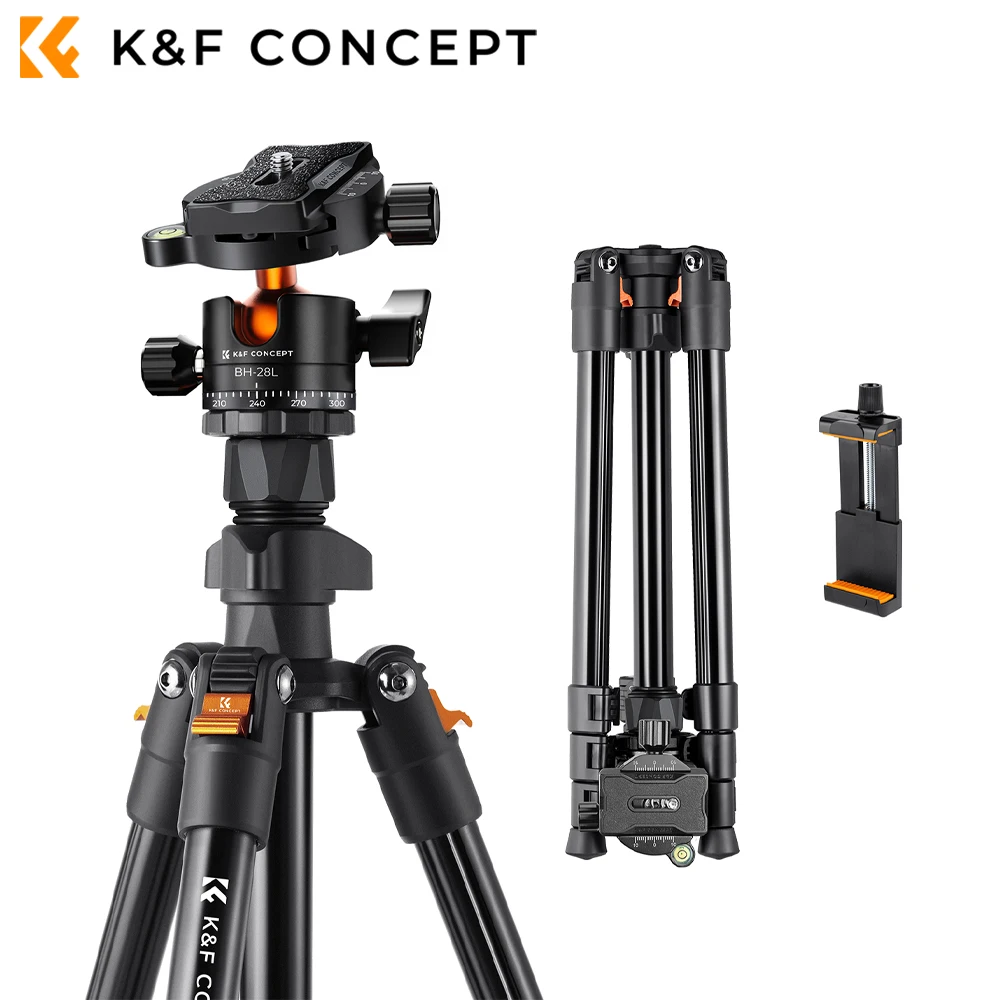 K&F Concept Aluminum Travel Tripod Outdoor 63.8inch/163cm Portable Outdoor Tripod with Mobile Phone Clip for Canon Sony Nikon