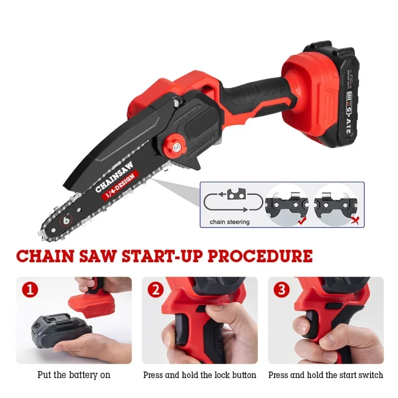 21V 6 Inch Brushless Electric Saw Electric Chain Saw Cordless Mini Chainsaw Handheld Pruning Saw Woodworking Cutting Power Tools