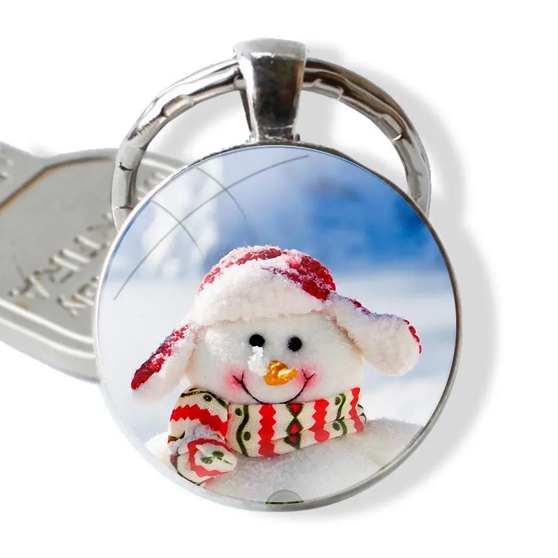 Keychain Handmade Glass Cabochon Key Ring Holder Pendant Key Chains Christmas Snow Man