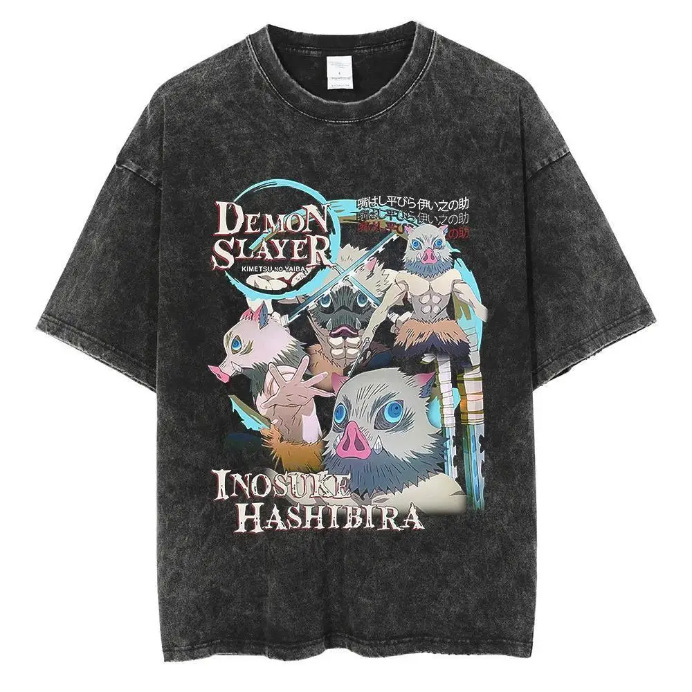 Heavy Retro Vintage Washed T-shirt Print for Summer Men's and Women's Short Sleeved Anime, Loose and Ghost Killing Blade Print
