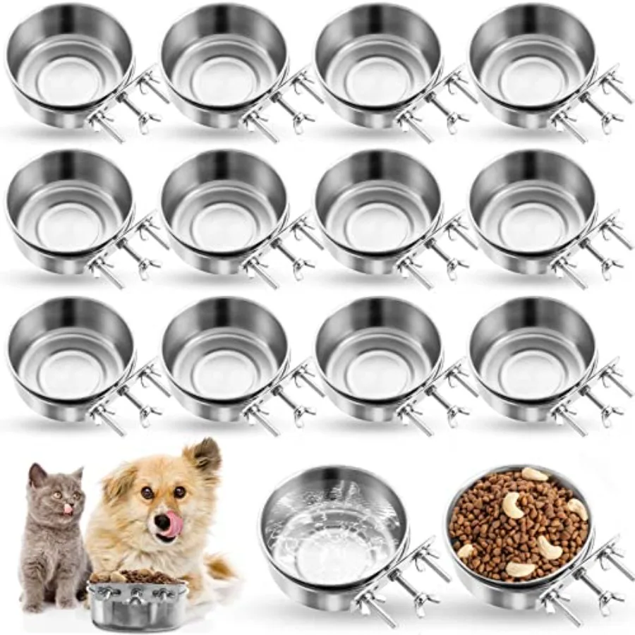 

14 Pack Stainless Steel Hanging Dog Crate Bowls, Non-Spill Kennel Food and Water Bowls with Screw Clamp Holders, Removable, Eas