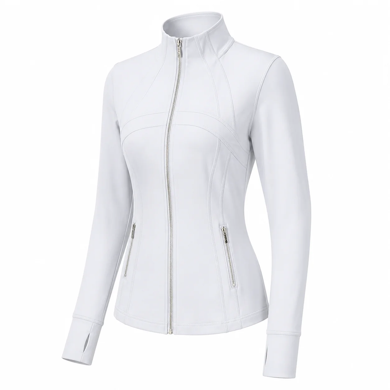 Women's White Slim Fit Full Zip Sports Jacket Stand Collar Long Sleeve Thumbhole Workout Running Yoga Outerwear