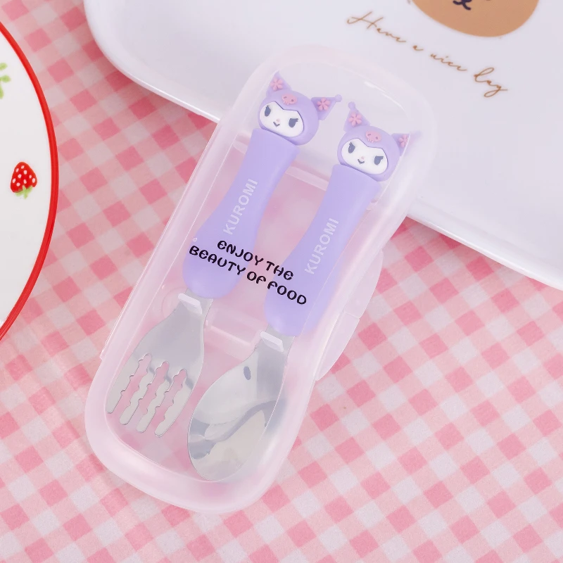 Kuromi Spoon Fork 2 Piece Set Cute Sanrio Pompompurin Hello Kitty My Melody Stainless Steel Child Tableware Kitchen Supplies