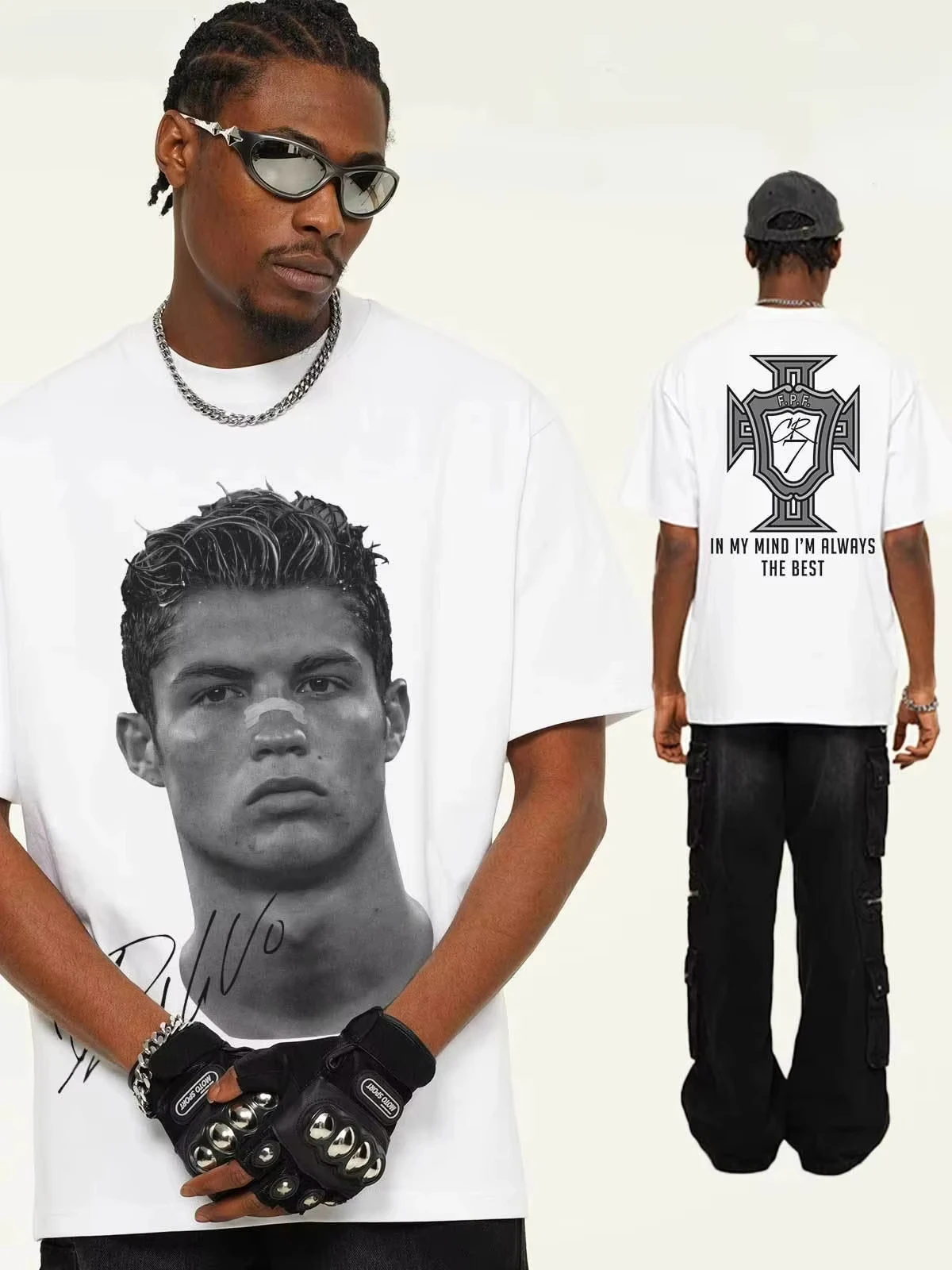Cristiano Ronaldo Portrait Print High Quality Cotton Short Sleeve T-Shirt Sports Casual Fashion Men's Women's T-Shirt Vintage