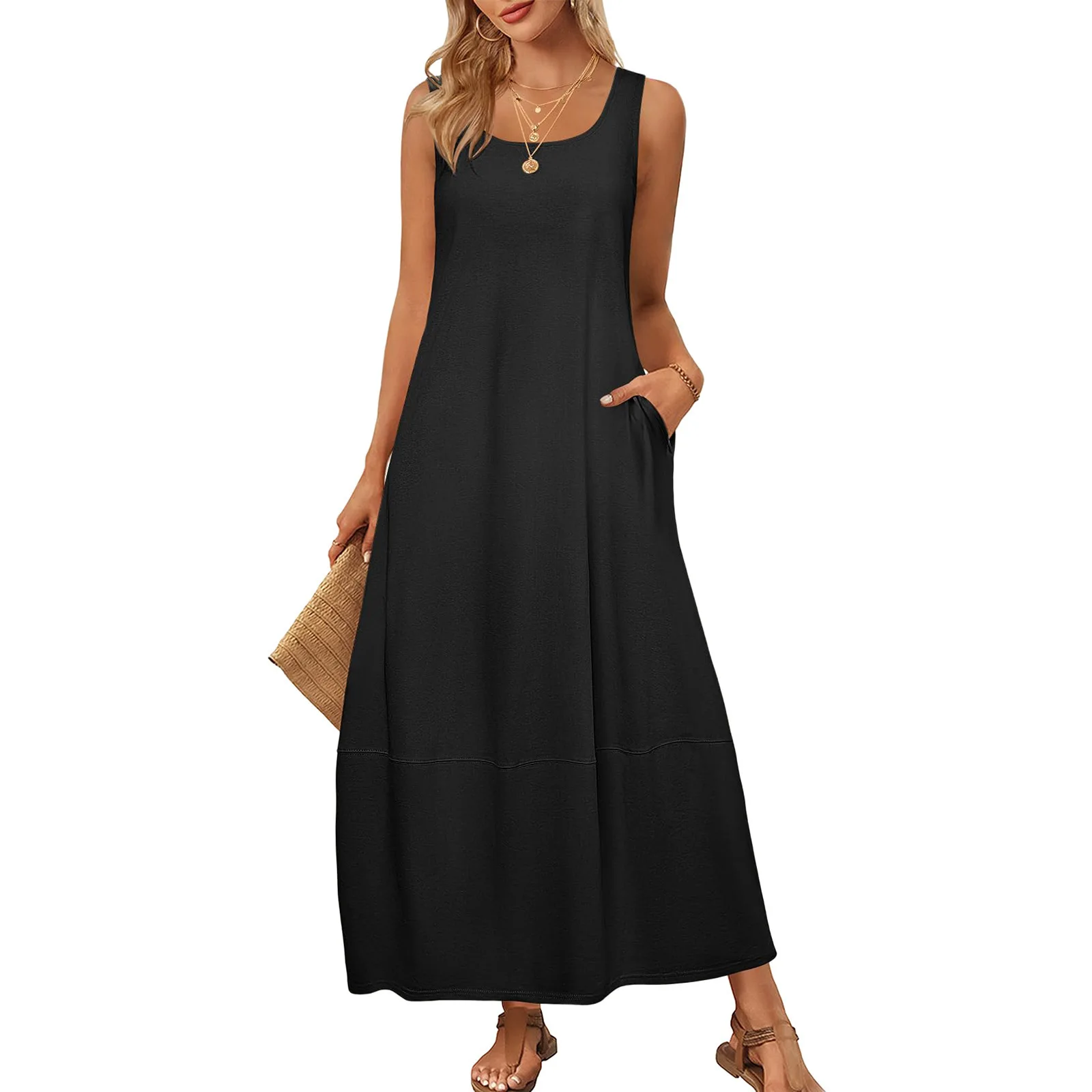 2026 Frühling Sommer Neues Elegantes Damen-Midikleid Ärmellos Einfarbig U-Ausschnitt Freizeitkleid Damen Party Club Kleidung Mit Tasche – Detail 3