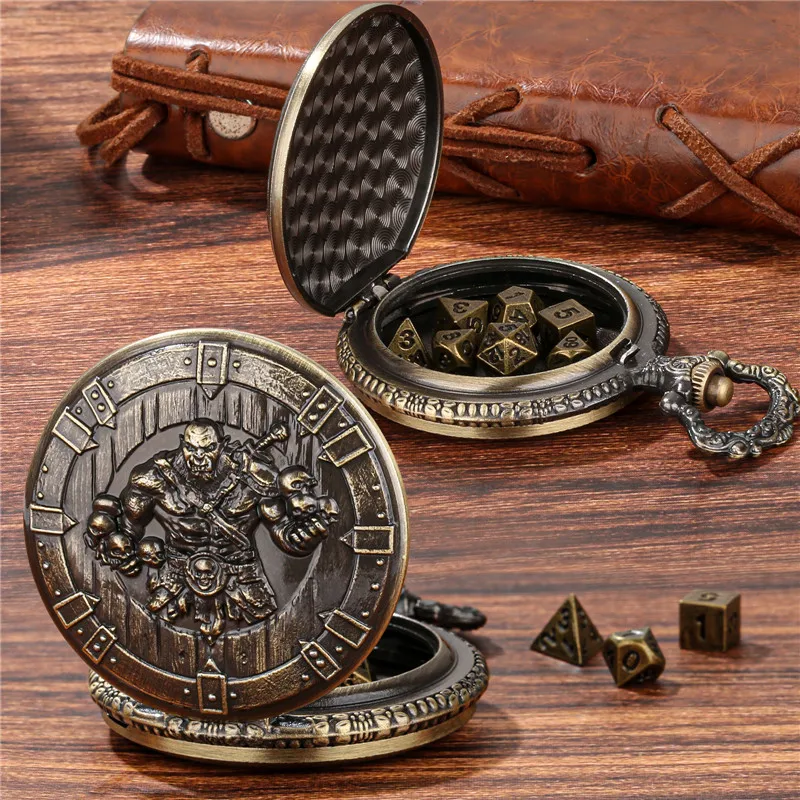 7 X Mini Metal Polyhedral Dice Set with Retro Barbarian Skull Head Pocket Watch Case Pendant Chain Role Play Gaming Accessory