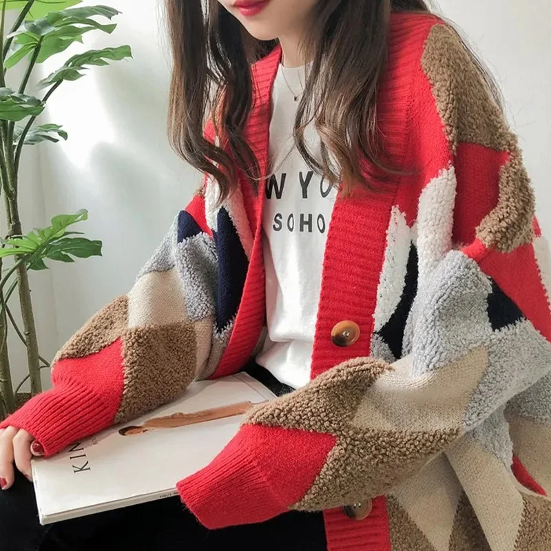 Cárdigan empalmado multicolor con rejilla de diamantes, chaqueta para mujer, Otoño Invierno, informal, calle, abrigo de punto holgado y cálido, Top