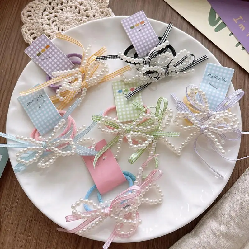 

Sweet Plaid Bow Girls Hair Rope Candy Color Elastic Rubber Band Imitation Pearls Baby Hair Accessories Ponytail Hairstyle Tool
