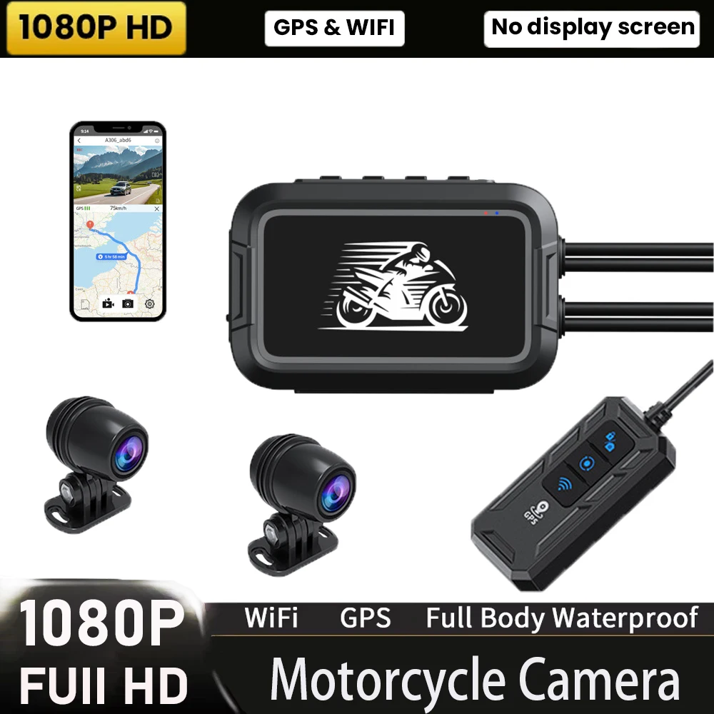 

1080P screenless motorcycle recorder with dual lenses, IP67 waterproof, GPS Wi-Fi， 140 °, night vision, parking mode