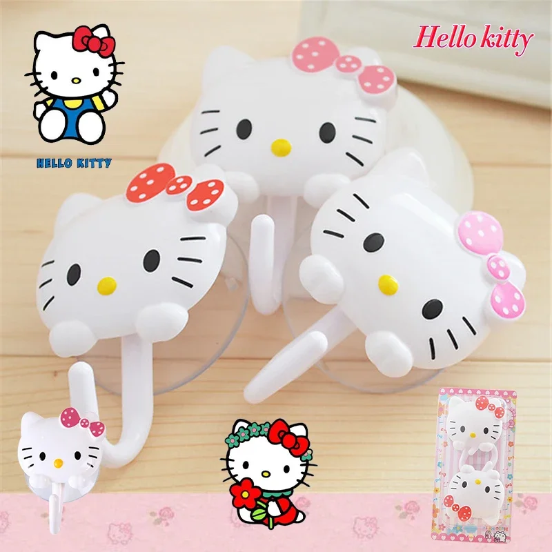 Gancho de Hello Kitty Kawaii para decoración de cocina y baño, colgador de 2 piezas con ventosa, sin clavos, con dibujos animados de Anime