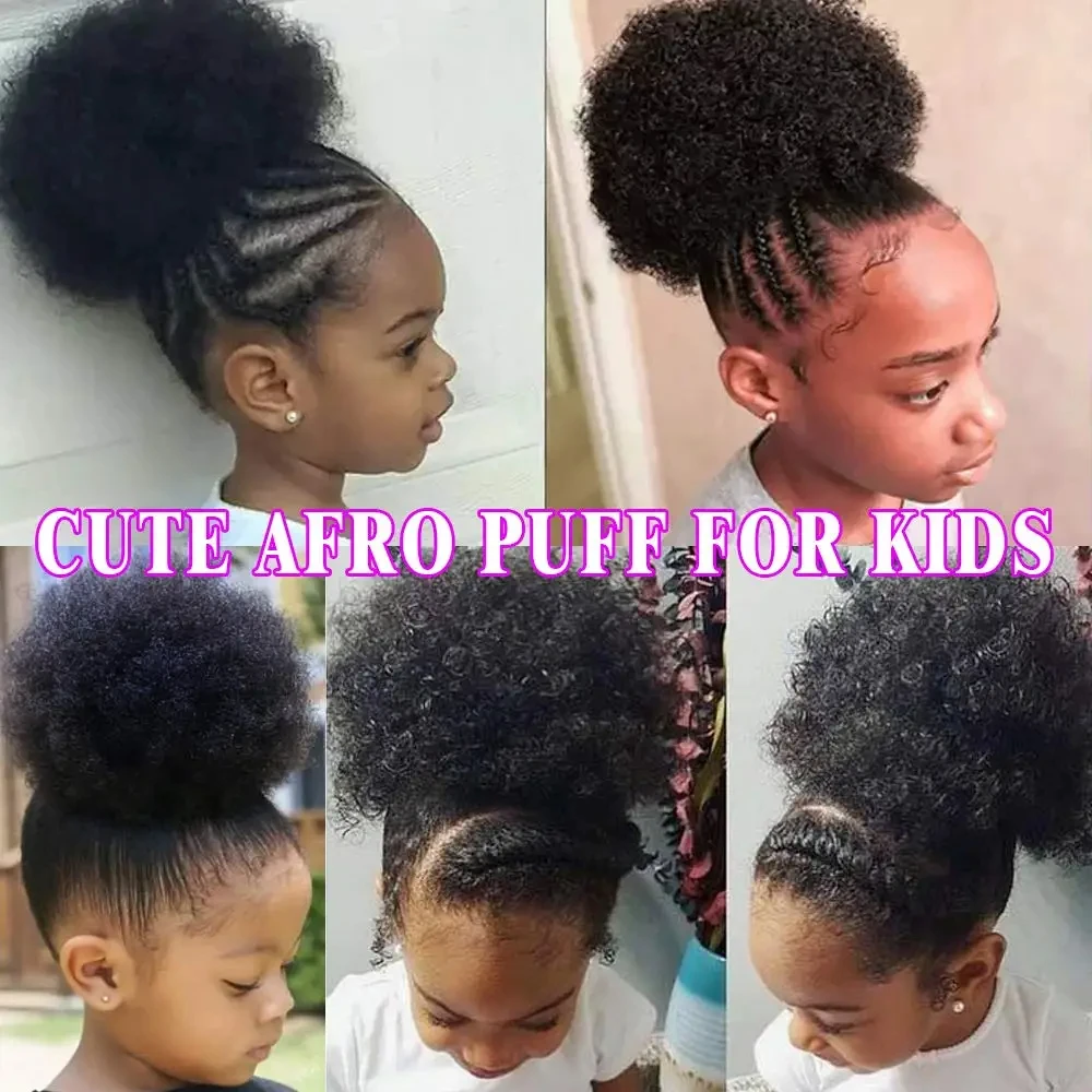 Kids Afro Puff Drawstring Ponytail Human Hair Brazilian Short Curly Drawstring Ponytail Afro Puff Bun Chignon Accessories