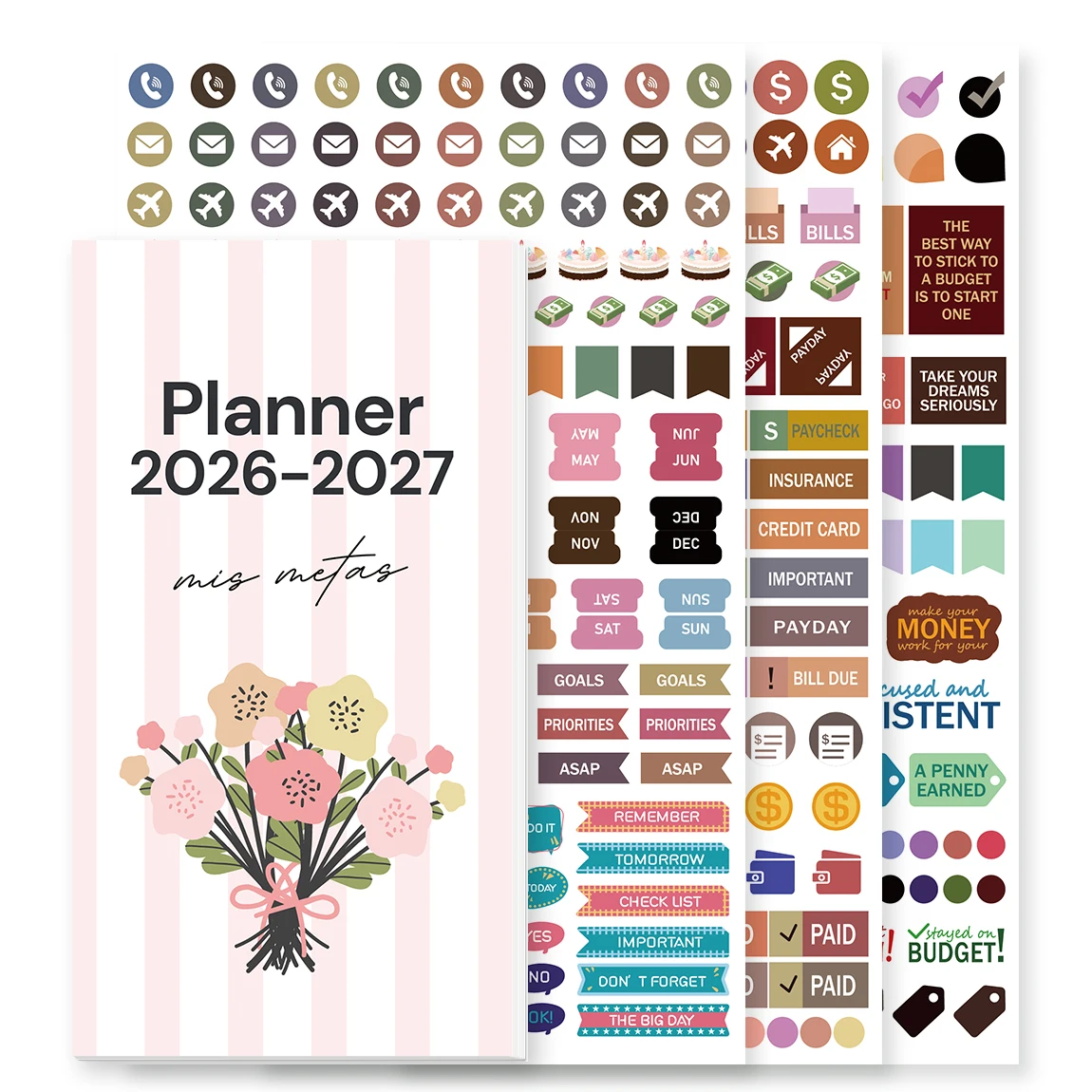 1pc Pink  White Floral Monthly Planner with Tabs & Budget Stickers, Waterproof Cover, 20 x 14 x 1.5 cm, for Home & Office