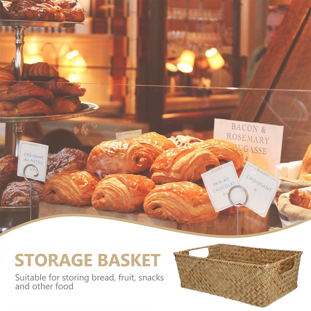 Hemoton Rattan Storage Basket Handle Rectangular Woven Fruit Baskets Wicker Bread Basket Snack Container Laundry Bin Basket