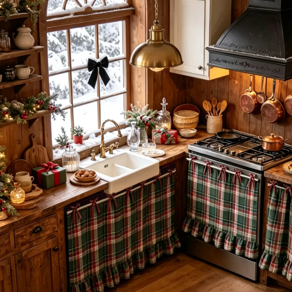 1Pc Christmas Plaid Valance Vintage Farmhouse Oven Curtain Dark Green Tie Bows Ruffle Hem Short Decorative Kitchen Curtain