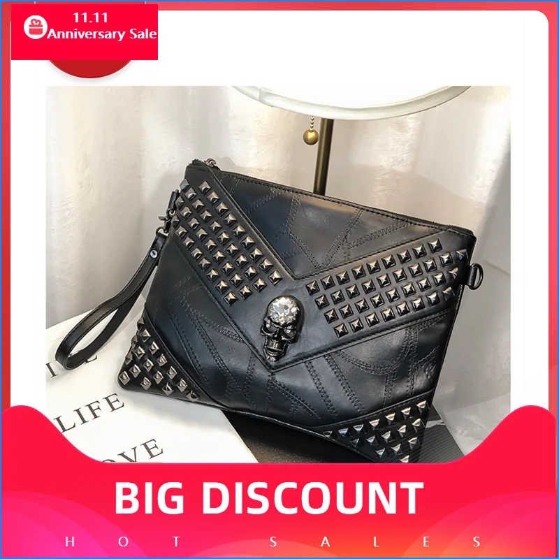 Hot Skull Bags Rivets Handbag For Women Small Envelope Clutch Bags For Boys and Girls  Luxury Leather Shoulder Crossbody Bags