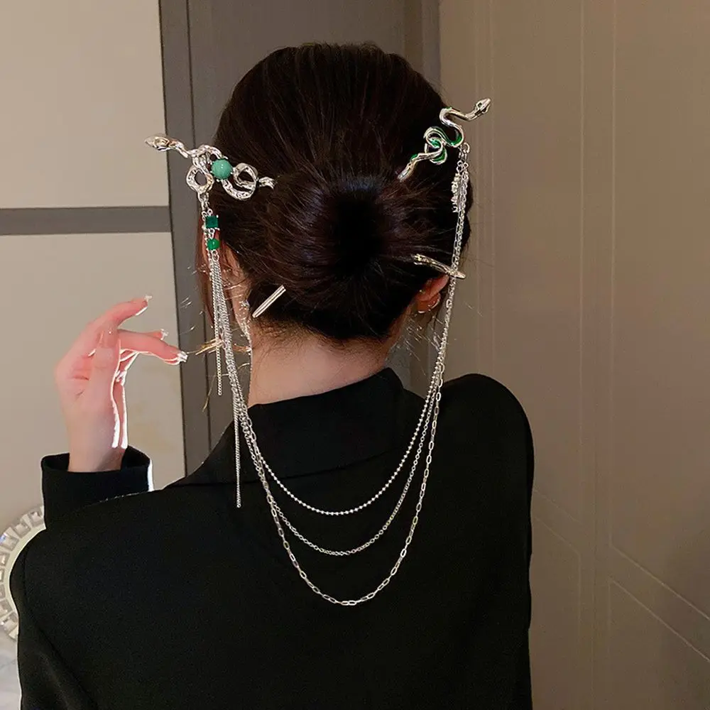 

Retro Enamel Metal Snake Y2K Tassel Rhinestone Chinese Style Hair Fork Hair Accessory HanFu Hairpin Women Double Hair Stick