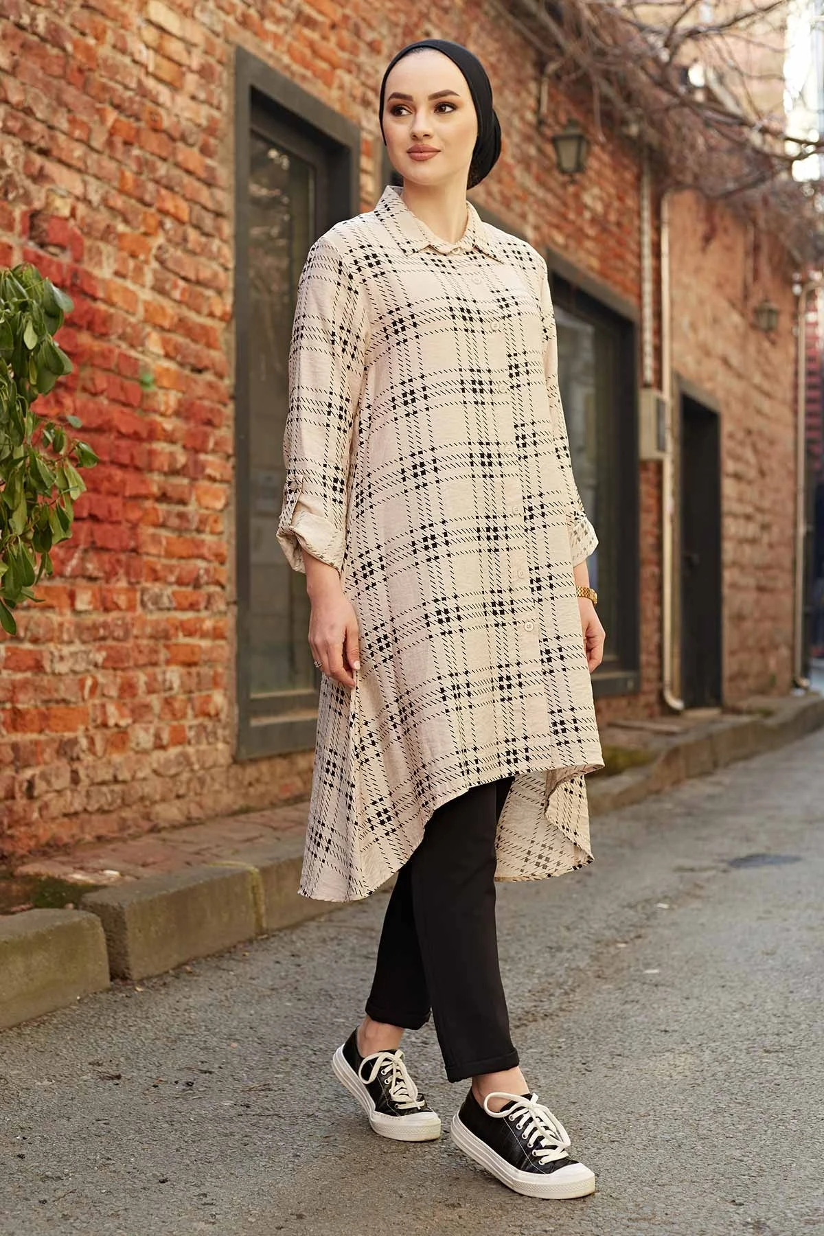 Patterned Asymmetrical Cut Shirt TH-Beige