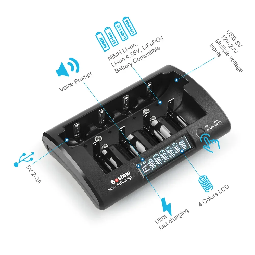 Soshine 3.2V 6500mAh Rechargeable Battery 32700 6500mAh LiFePO4 Batteries and 12V 2A LCD Ni-MH Li-ion LiFePO4 Universal Charger