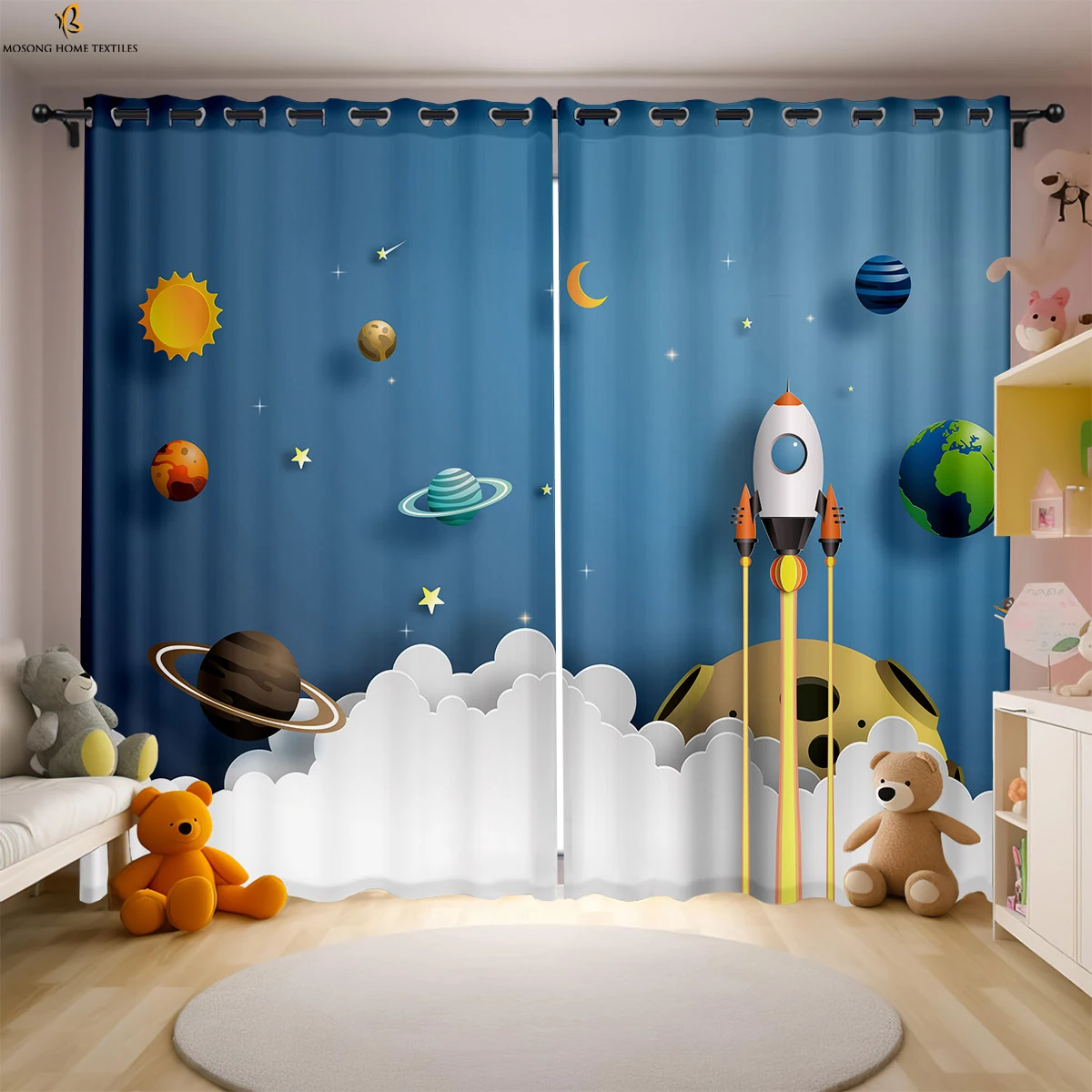 Cartoon Spaceship Astronaut Blue Printed Curtains Children's Room Window Decoration Curtains Can Be Customized 2 Pieces