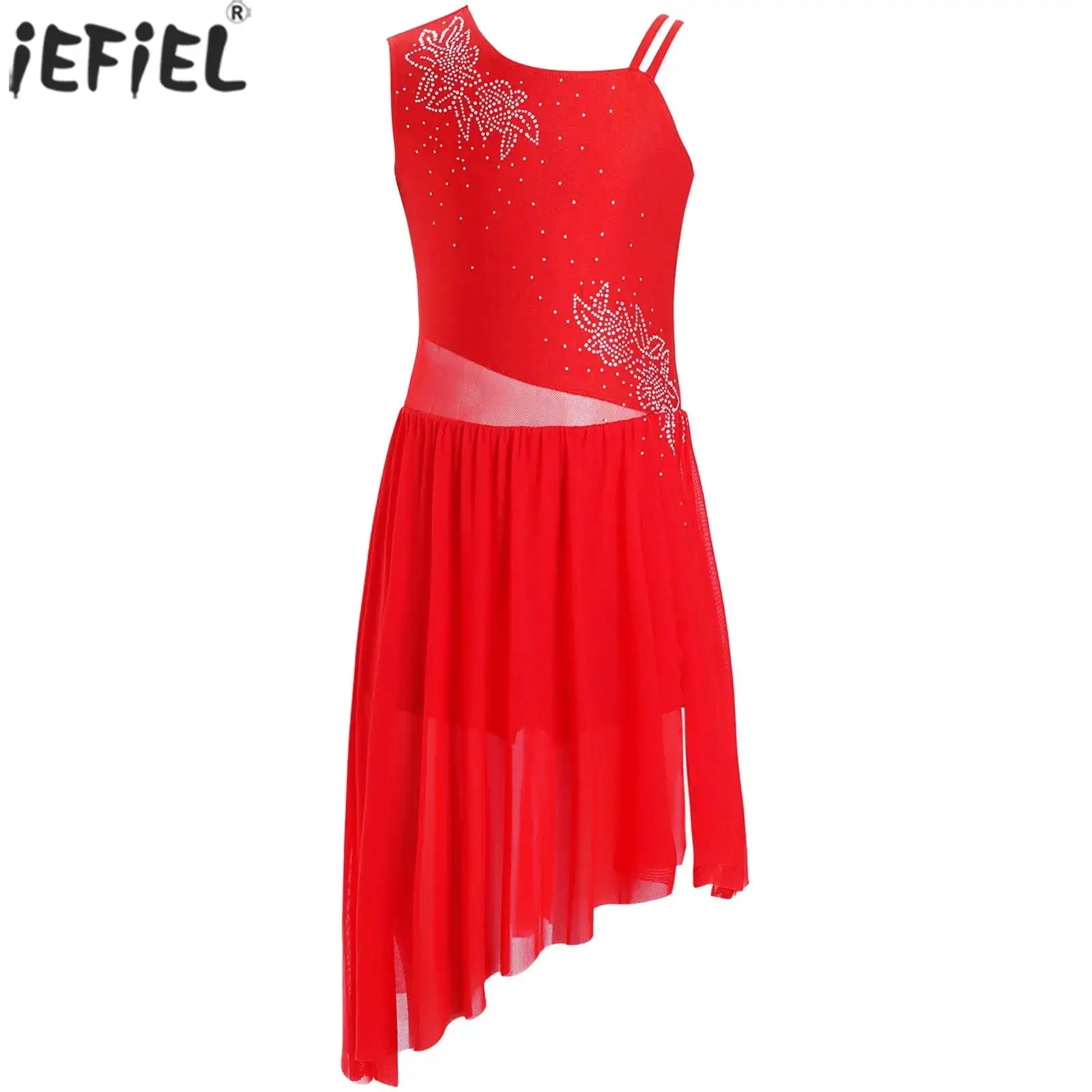 Kids Girls Lyrical Dance Dress Figure Skating Ballet Gymnastics Modern Dancewear Sleeveless Shiny Rhinestones Side Slit Leotard