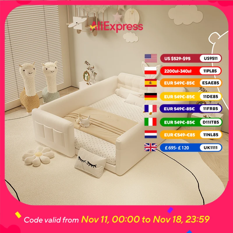 

Design Soft Girls Double Bed Modern Luxury Leather Floor White Children Beds Frame Queen Letto Bambini Furnitures For Bedroom