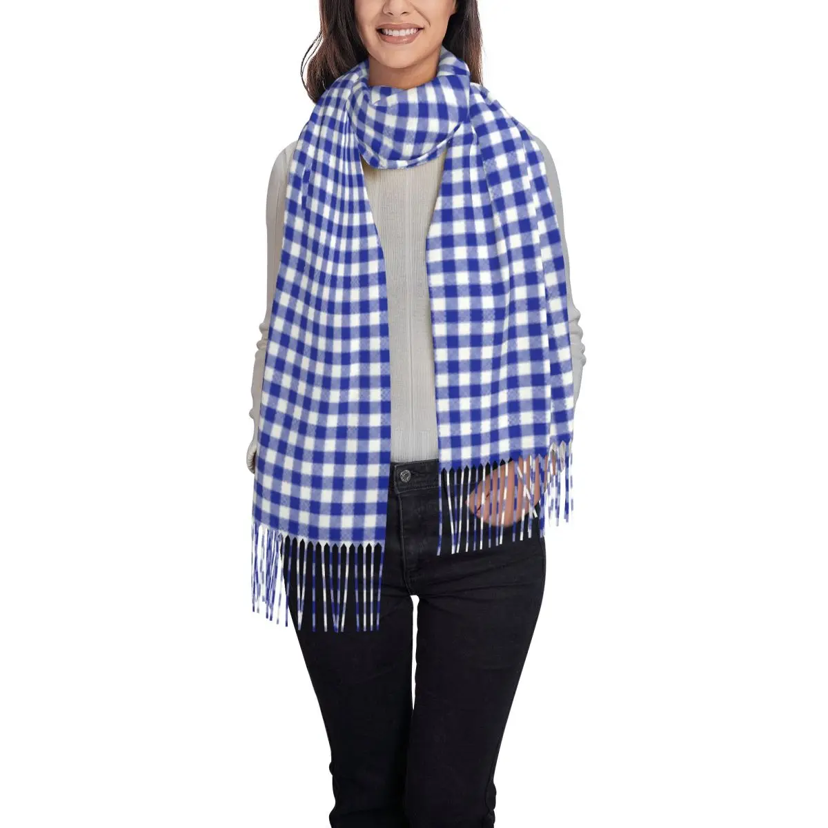Personalized Printed Blue Gingham Scarf Women Men Winter Fall Warm Scarves Geometric Checkered Plaid Shawl Wrap
