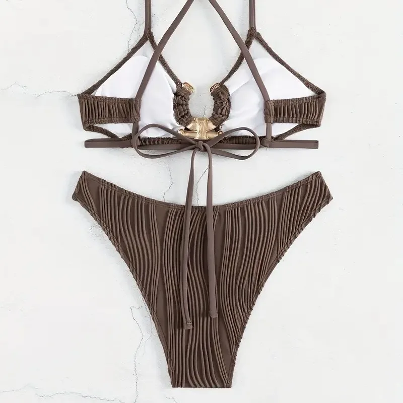 Bikini unicolor de cintura alta para mujer, bañador Sexy de realce, ropa de baño de dos piezas, accesorios de Metal, 2024