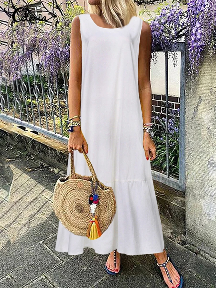 Celmia 2024 Summer Women Maxi Dress Vintage Ruffles Bohemian Long Sundress Sexy Sleeveless Party Vestido Casual Loose Solid Robe