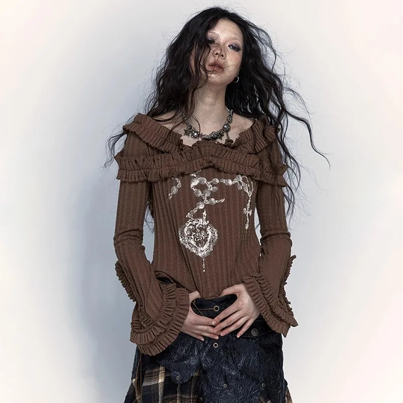 그런지 감성 니트 Y2K 탑 빈티지 오프숄더 타투 프린트 티셔츠 웨이스트랜드 펑크 블랙 골지 티셔츠 고딕