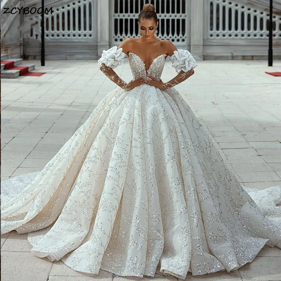 

Luxury Ball Gown Lace Shiny Appliques Wedding Dress 2025 Sweetheart Detachable Long Lantern Sleeves Bride Gowns Vestido De Novia