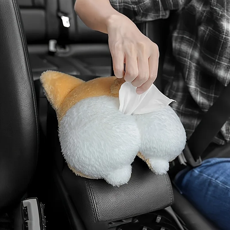 Cute Corgi Car Tissue Box Holder - Adorable Plush Corgi Design, for Car Rides, Fun Accessory for Pet Lovers, Car Tissue Holder