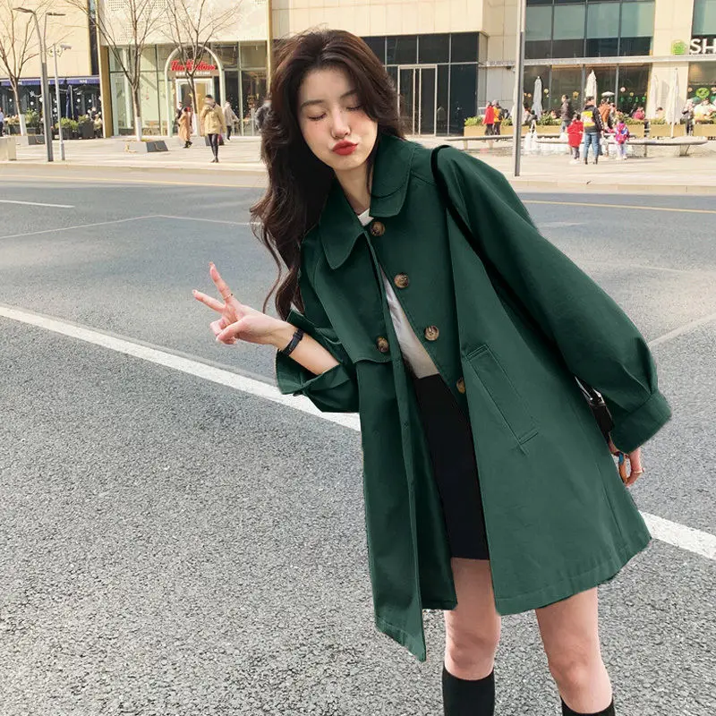 

Khaki Trench Coat Mid-Length Classic Coats Formal Women Windbreake Jackets Spring Fall Outwear Lantern Sleeves Windbreaker