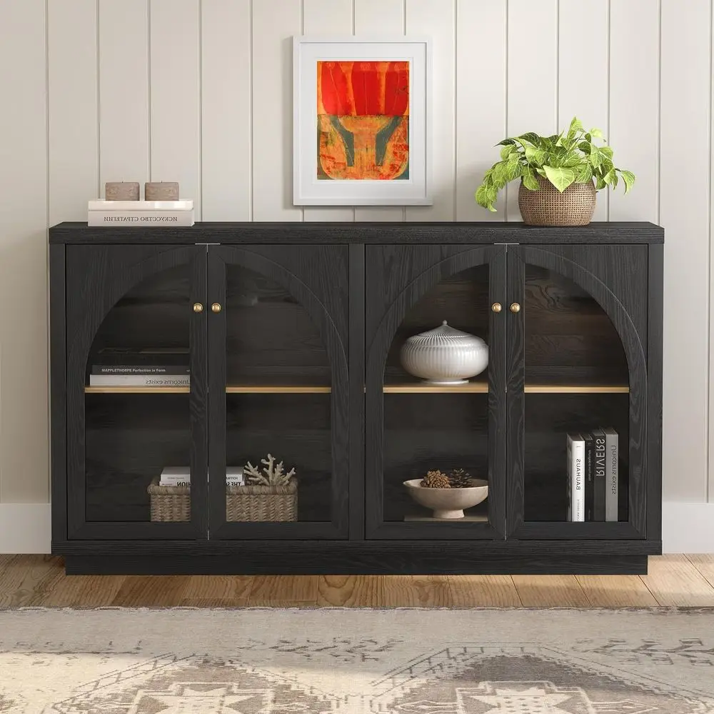 

4-Door Accent Storage Cabinet with Adjustable Shelves and Acrylic Door for Living Room, Black/Oak Finish