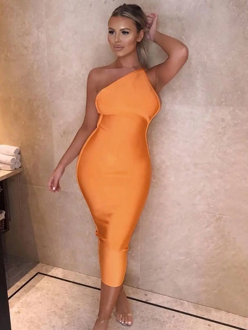 

Hot Orange Asymmetrical Backless Bandage Dresses 2025 For Women Party Club Celebrity Midi Slim Vestidos Bodycon Cocktail