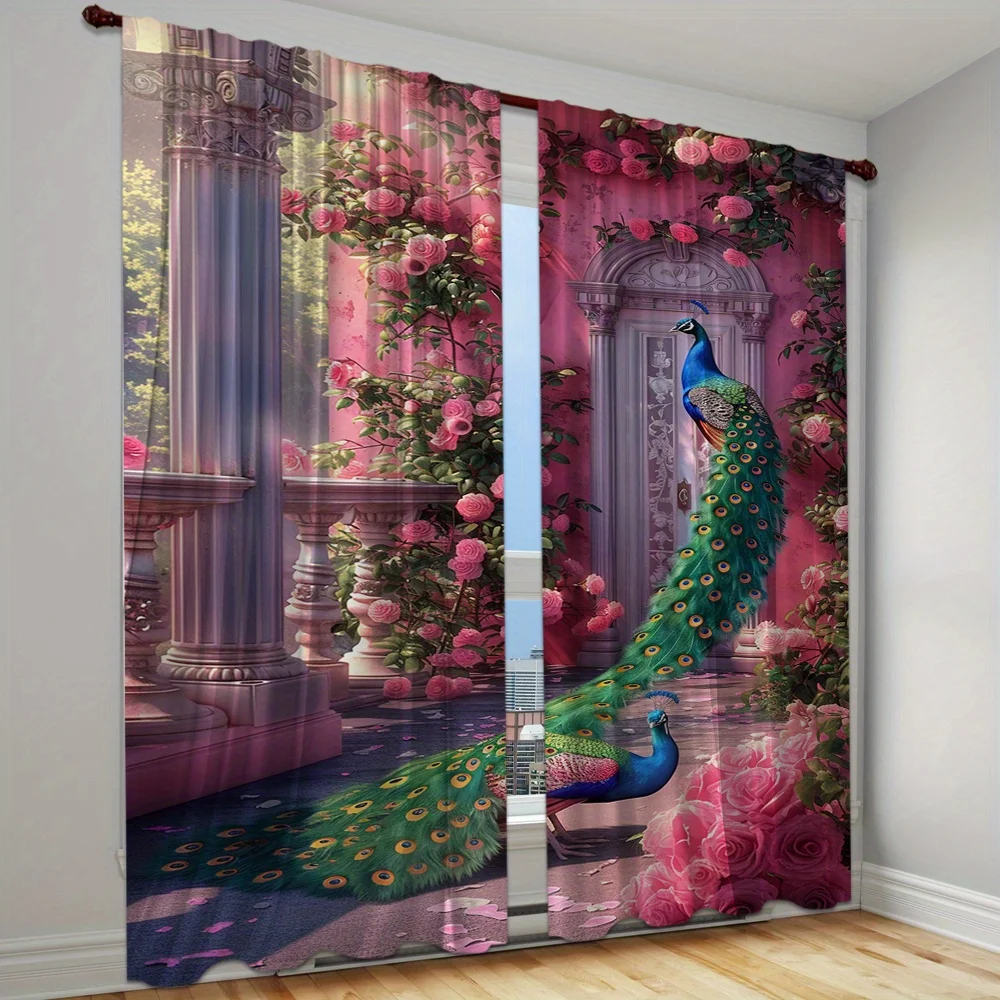 

2-Piece Pink Peacock Semi-Opaque Curtains Rod Pocket Design For Easy Hanging Perfect For Bedroom Kitchen Office Living Room Deco