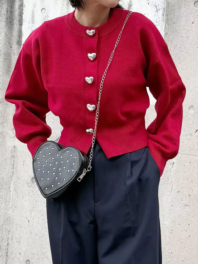 

HH Women Solid Knitting Tops O-Neck Heart-shaped Buttons Cardigans Female Fashion Spring Casual Long Sleeve Sweaters Coats