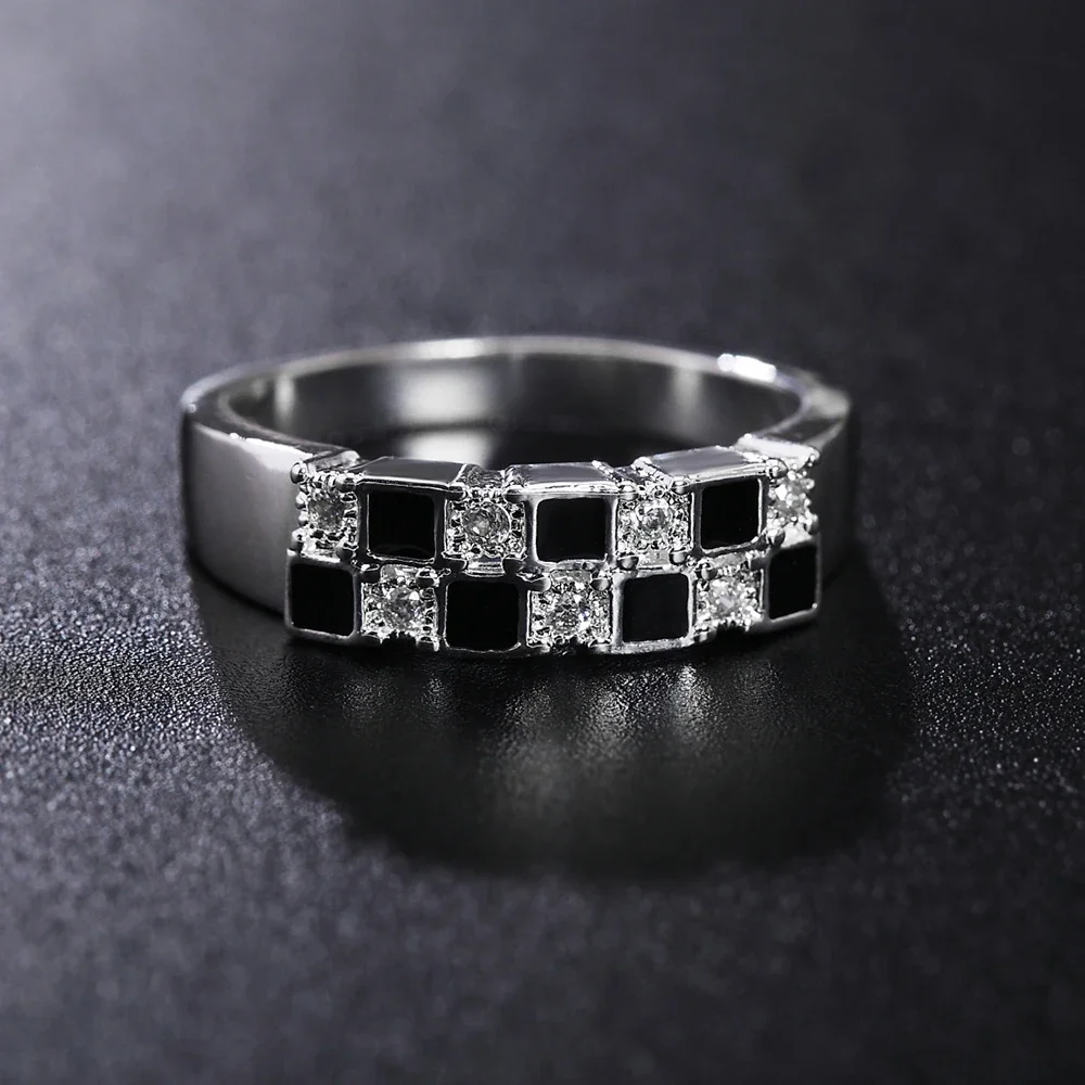 

New Charms 925 Sterling Silver Fine Crystal Black Grid Rings For Women Fashion Streetwear Party Gifts Wedding Designer Jewelry