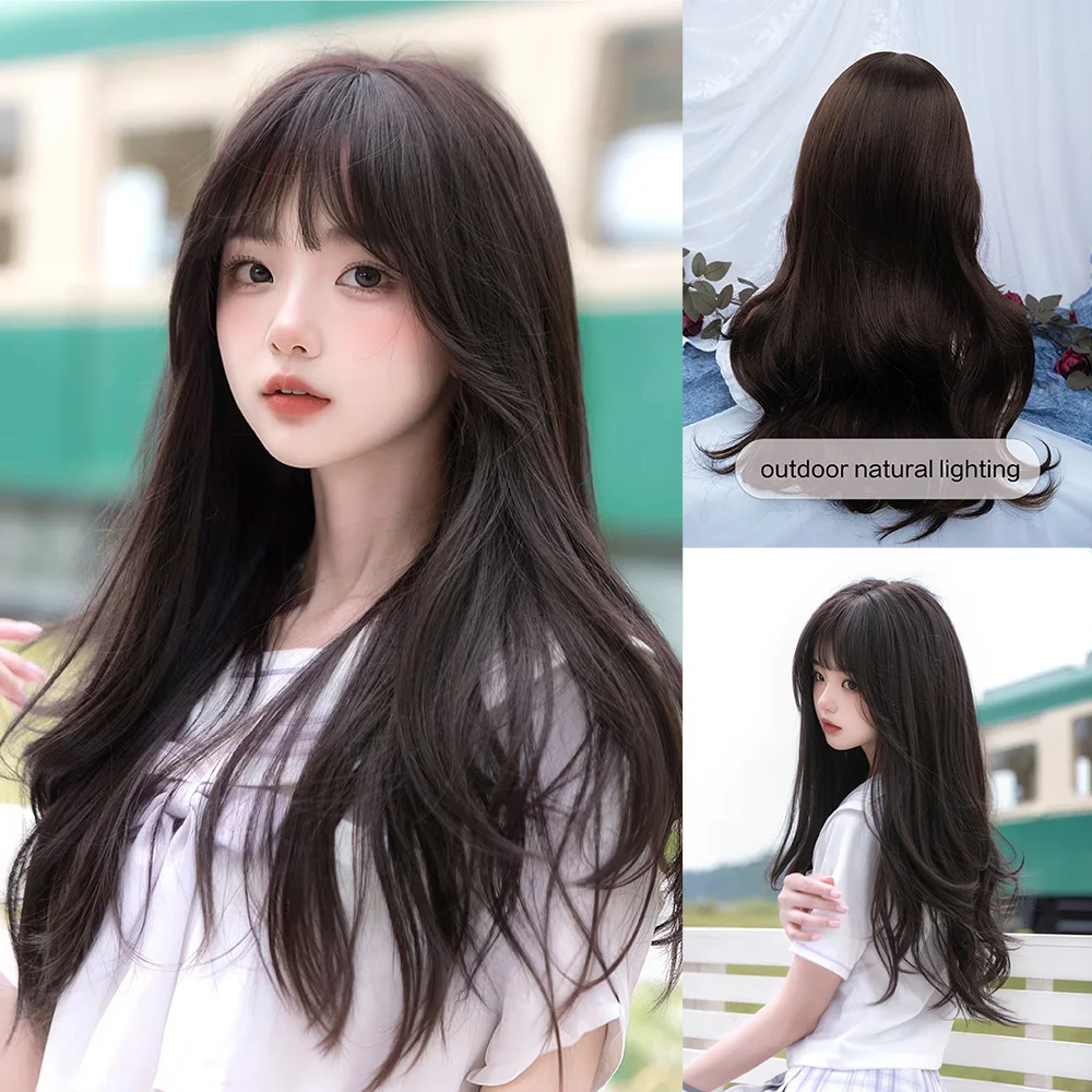 26Inch Natural Black Pretty Fresh Synthetic Wigs With Bang Long Natural Wavy Hair Wig For Women Daily Use Cosplay Heat Resistant