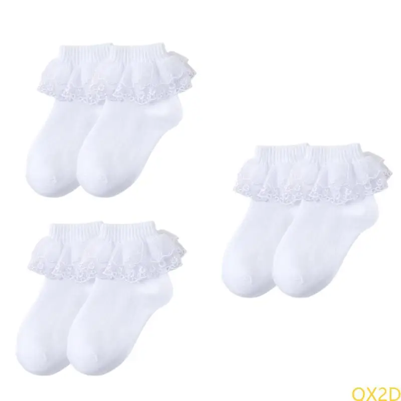 QX2D 3 أزواج الفتيات الدانتيل جوارب القطن الناعم تنفس الجوارب الكاحل للارتداء اليومي ومناسبة خاصة