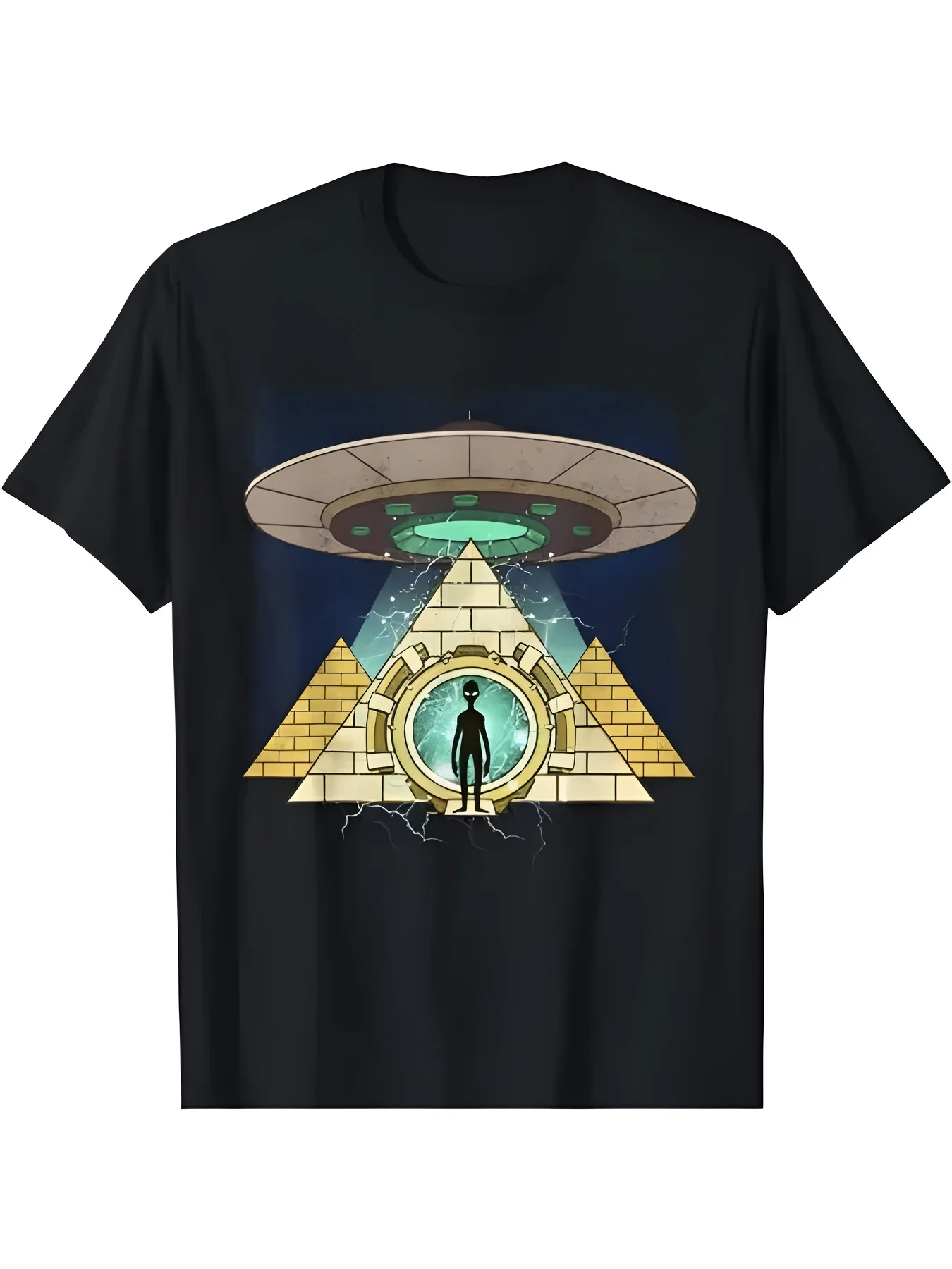2026 Top PickLocalMen's Alien UFO & Pyramid Print T-Shirt Sci-Fi Themed Breathable Short Sleeve Tee with Egyptian Pyramids & Fly