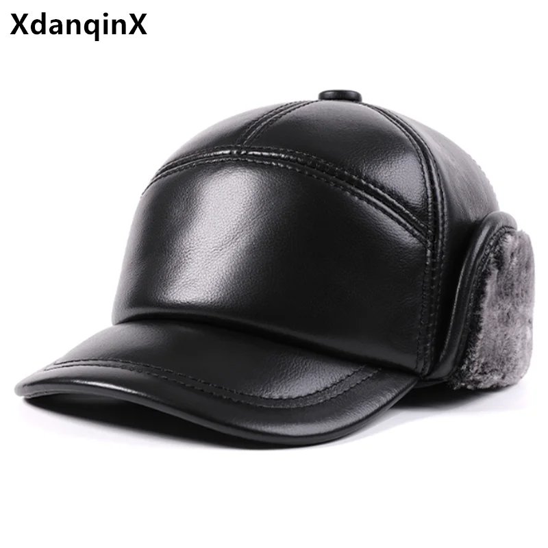 

New Winter Natural Genuine Leather Caps For Men Plush Thickened Bomber Hats Fur Warm Earmuff Hat Cowhide Leather Cap Cycling Hat