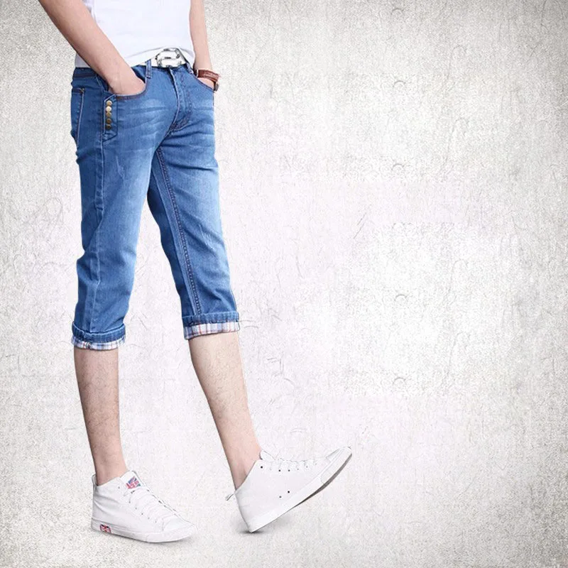 New Summer 2022 Fashion Teenagers Cropped Jeans Men Korean Slim Denim Shorts Breeches Stretch Capric Pants Men Thin 3/4 Jeans