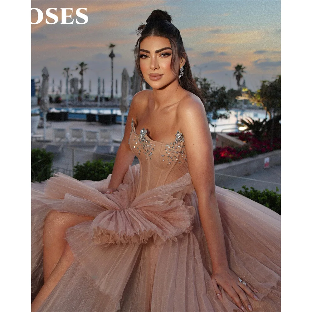 ROSES Blush Pink Prom Dresses Strapless Sleeveless Evening Dress with Crystal A Line Party Dress vestidos de fiesta Customized