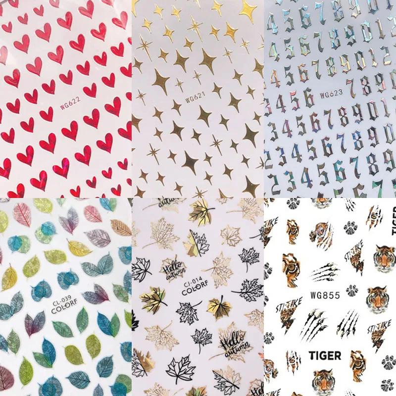 Red Gold Laser Love Heart Stars Numbers Flat 3D Self Adhesive Nail Art Stickers Lovely Cartoon Tiger Flowers Manicure Decals