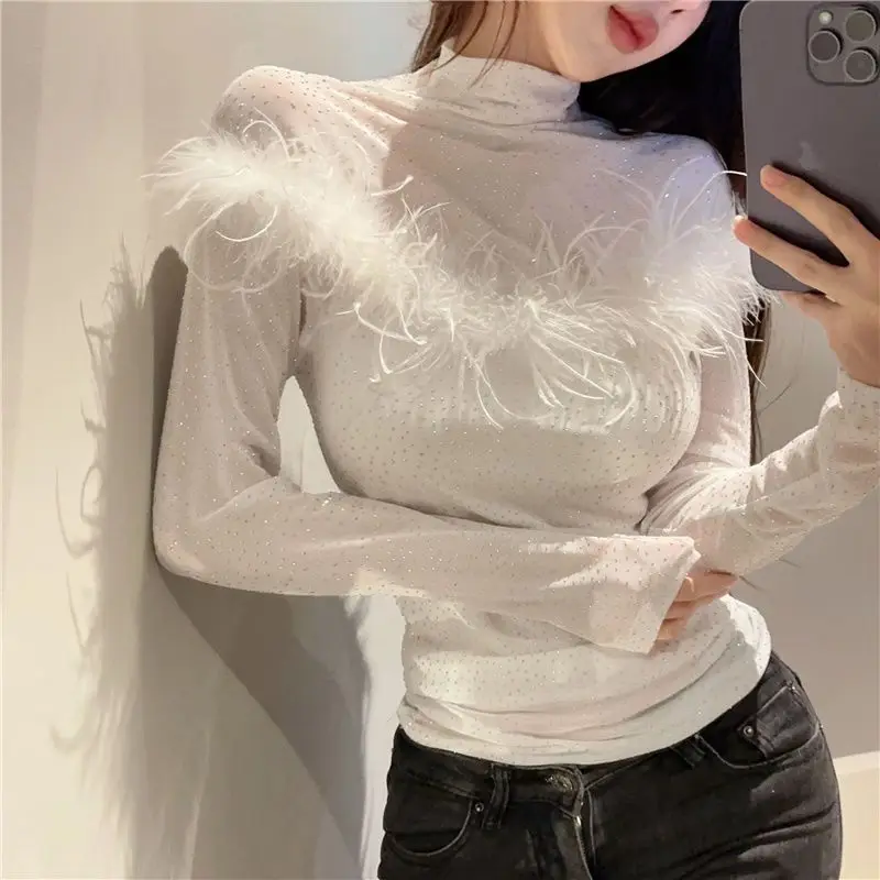 Blouses Women Elegant Sexy Long Sleeve Mesh Top Patchwork Feather Turtleneck Slim Spring Autumn Retro Korean Bottoming Shirt